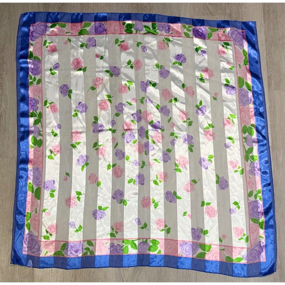 Accessories - Vintage Floral Square Scarf Women OS Blue Rose Striped Sheer Boho Made in Korea